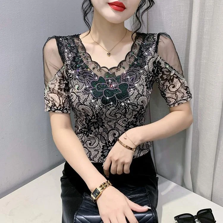Tシャツ・カットソー Tribal Lace Organza Top Agnes Orinda Lace Blouse for Women Plus Size Sheer Long