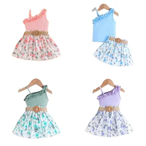 2026 New Design Toddler Girls Clothing Set Sleeveless One Shoulder Ruffles Rib Shirt Top Flower Belt Skirt Baby Clothes