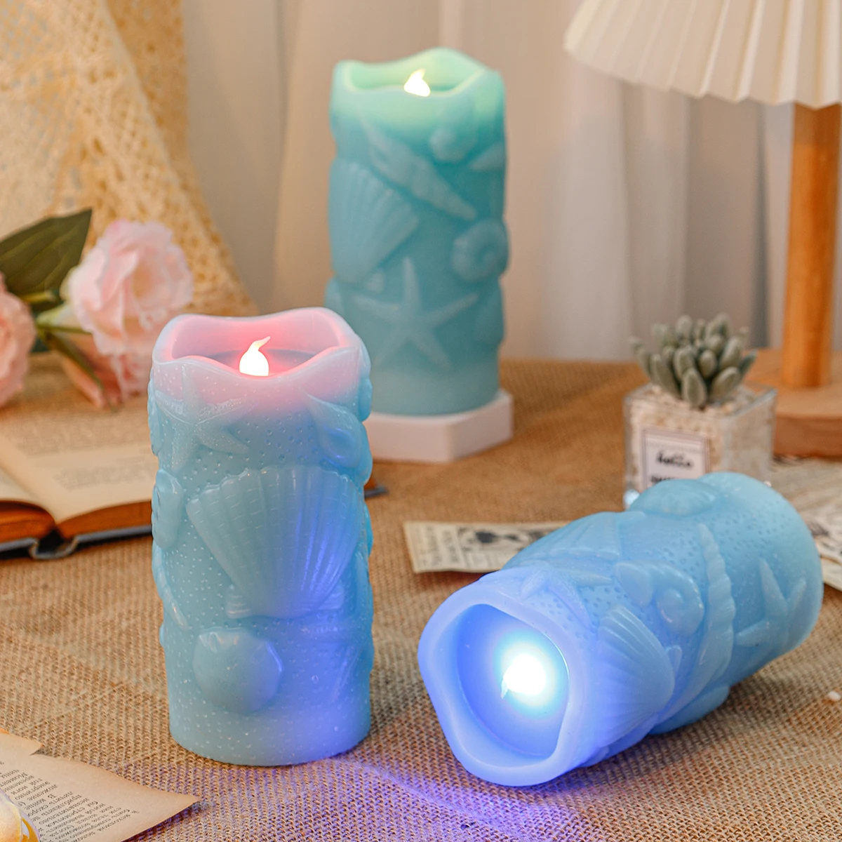 product flameless led candle paraffin ocean style carving shell starfish remote controlled colorful lighting home decoration-32