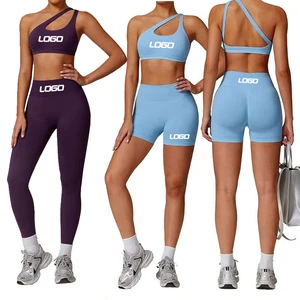 New Women's Activewear Sport Wear 2pcs Gym Clothes One Shoulder Sports Bra Scrunch Butt Workout Sets Seamless Fitness Set