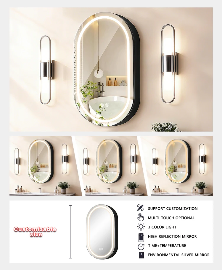 product smart modern aluminum framed run way led bathroom mirror cabinet with touch switch dimmable lighting  adjustable features-4