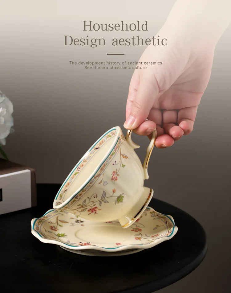 product european gold rim flower retro pastoral style flower rattan ceramic cup saucer luxury lace afternoon coffee cup saucer-54