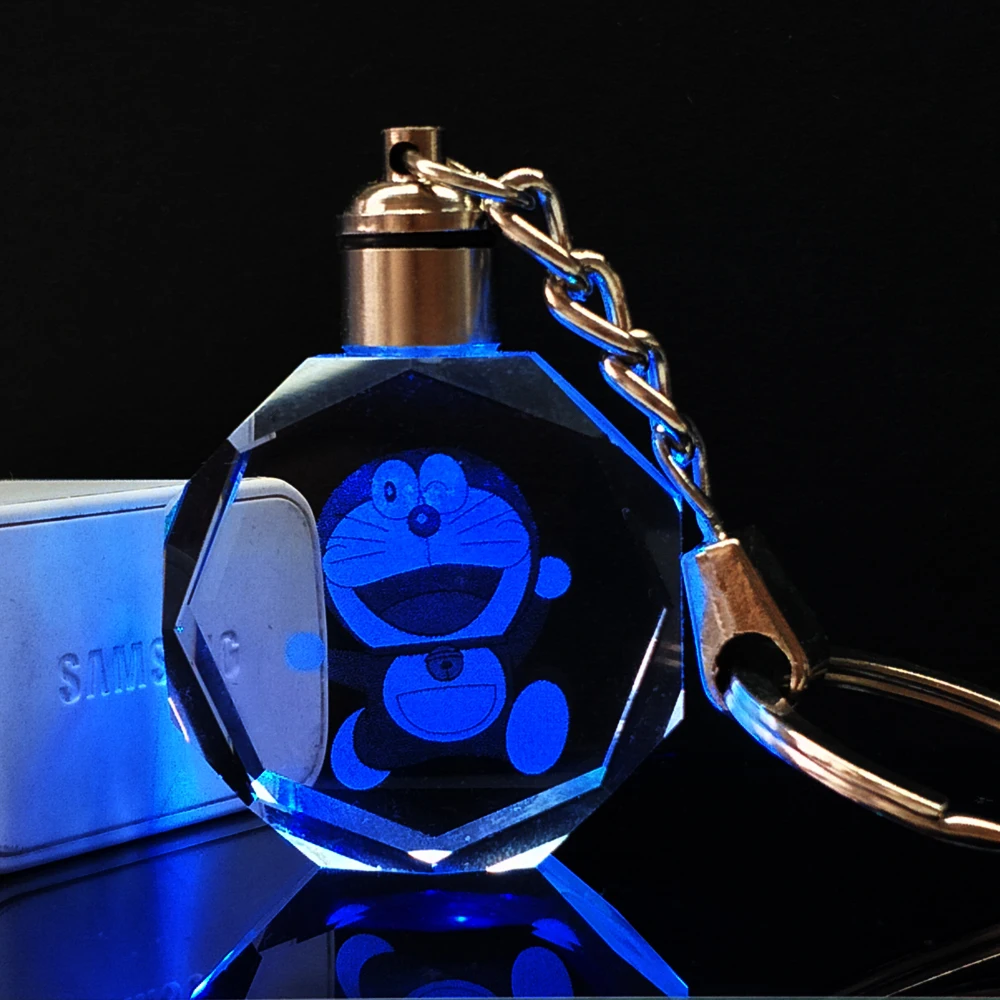 Custom Design Carton Figure Doraemon Laser Inside Crystal Glass Keychain Key Ring Holder Souvenir Gift  Promotion Kids Gift