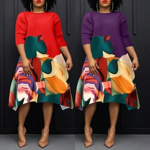 Tb5955 Hot Selling Large Irregular Printed Half Sleeve Loose Plus Size Xl-5Xl Casual African Abaya Straight Maxi Dress