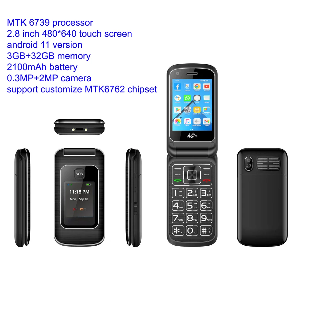 Large Buttons 2.8 Inch LTE Android Quad Core Dual Screen Flippable Smartphone with Touch Screen and 2100mAh Battery