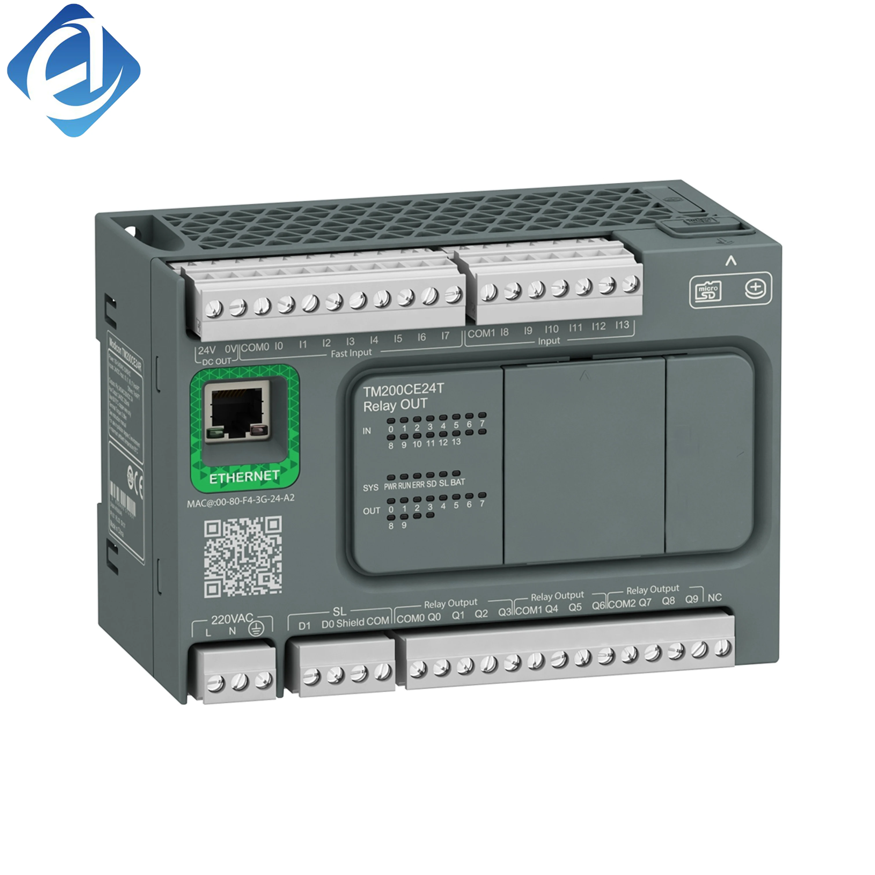 New Original TM200CE24T Modicon TM200 series compact PLC. Equipped with 24 I/O points, transistor output and integrated Ethernet port. It features fast logic operation, flexible programming and strong compatibility