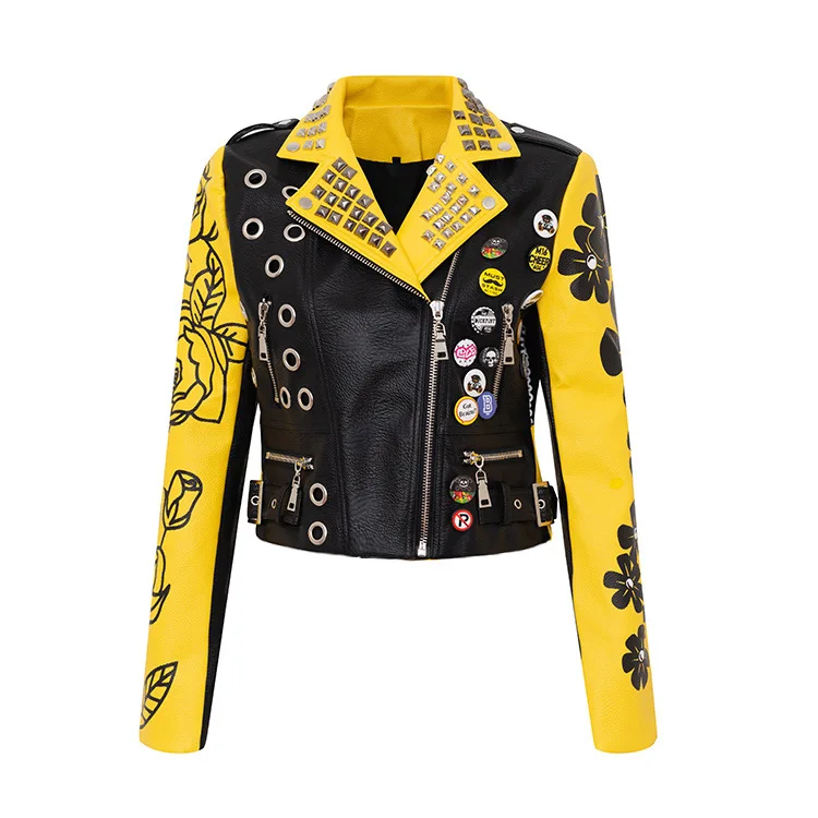 Professional New Design Fashion Custom Printing Graffiti Rivet Leather Jacket for Women