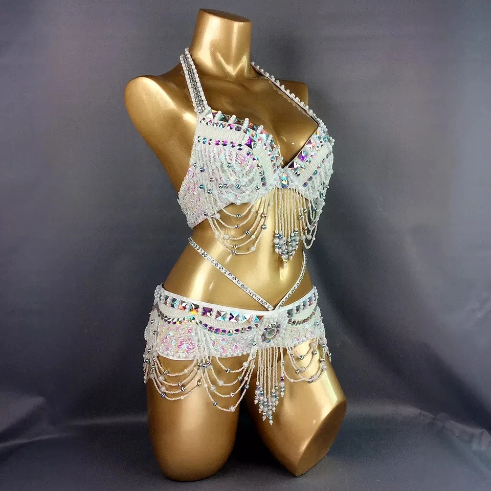 Shiny Crystal Sexy Belly Dance Costume Halloween Wear Bar+Belt 2pcs Set  Christmas Party Dancing Wear Rave Outfit