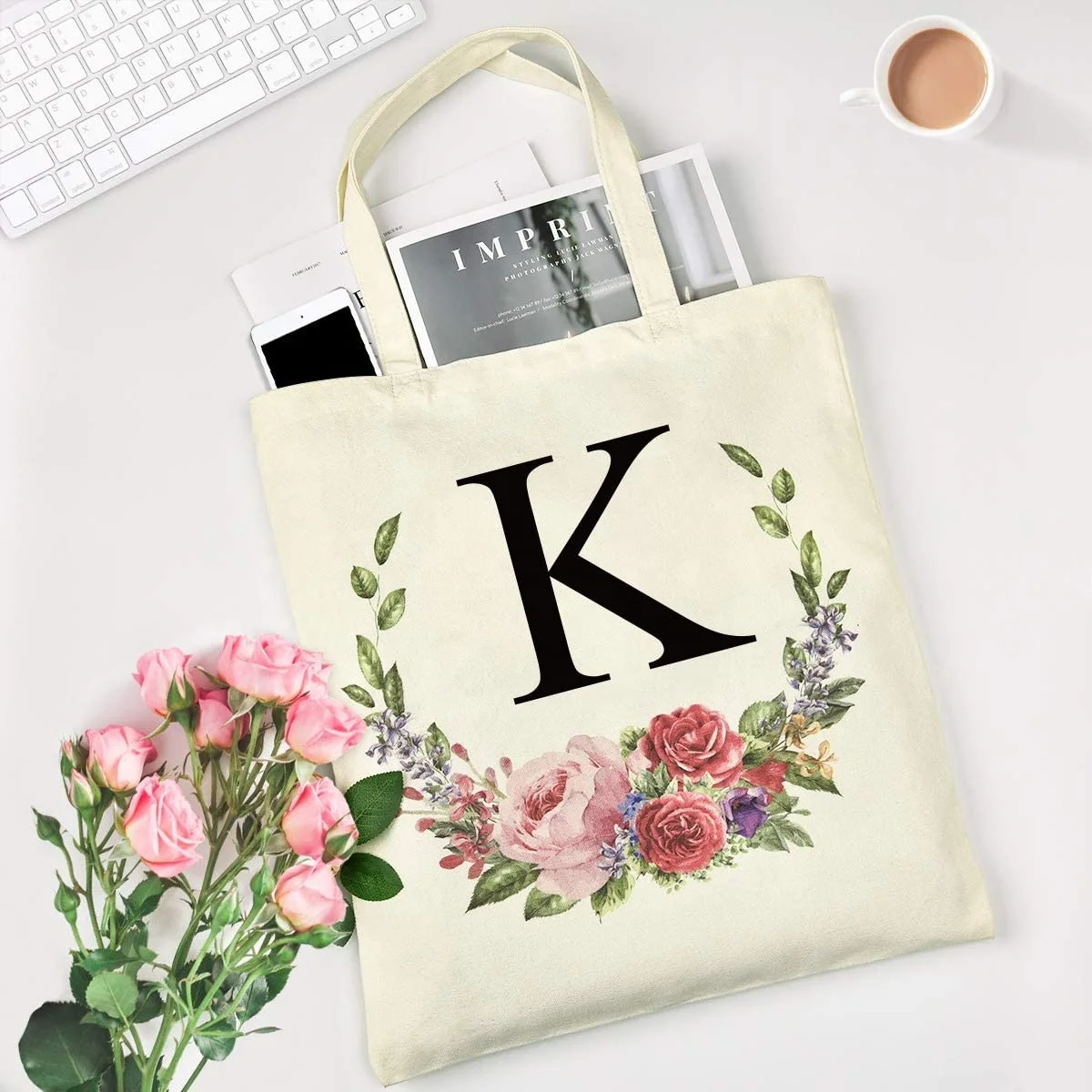 UHEOUN Floral Initial Canvas Tote Bag, Reusable Shopping Bag