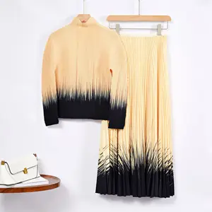 Elegance Redefined Miyake Pleated Two-Piece Set High Quality Stretch Printed Long-Sleeved Top and Skirt for Women