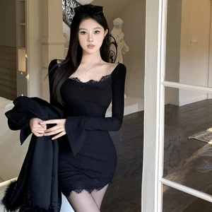 This Black Bodycon Dress Features an off - the - Shoulder Design with Delicate Lace Trim Adding a Touch of Elegance