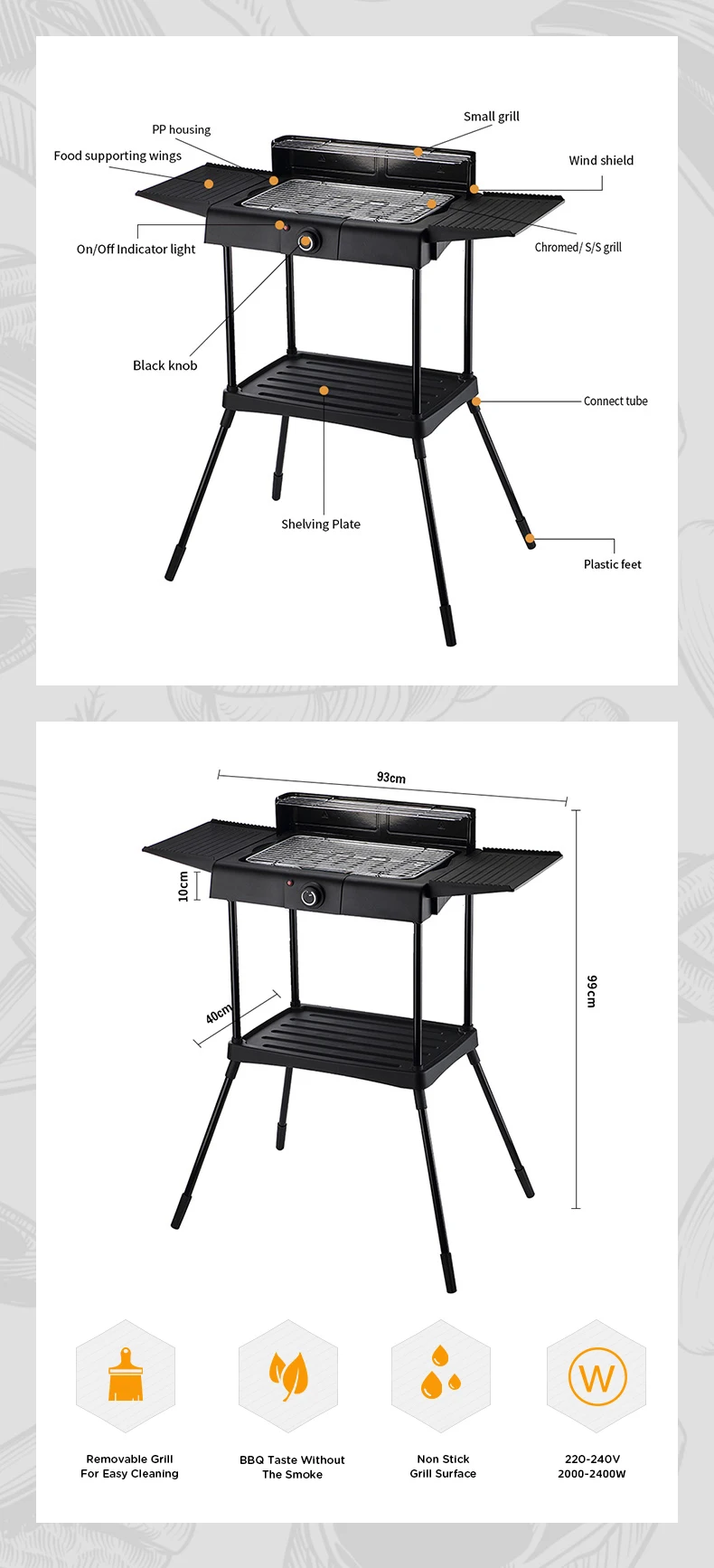 2400W Temperature Control Smokeless Electric Grill Non Stick Barbecue ...