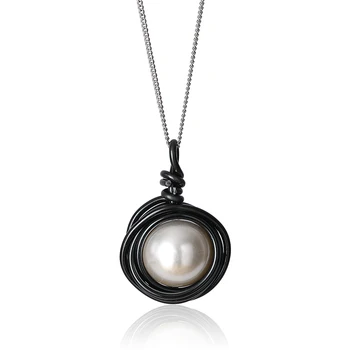 Original Black Aluminum Wire Wrapped Pearl Pendant Jewelry Women Handmade Baroque Pearl Necklace Pendants