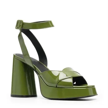 New fashion color matching olive green  style leather for shoes mature  block high heels women sandal