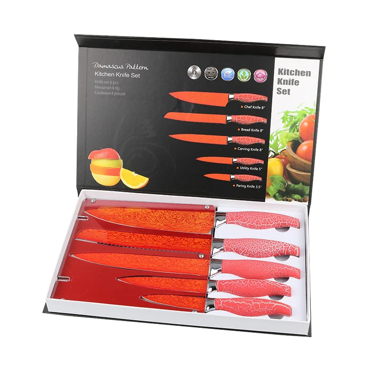 Wholesale Crack Coating Red Damascus Pattern 6pcs Kitchen Knife Set