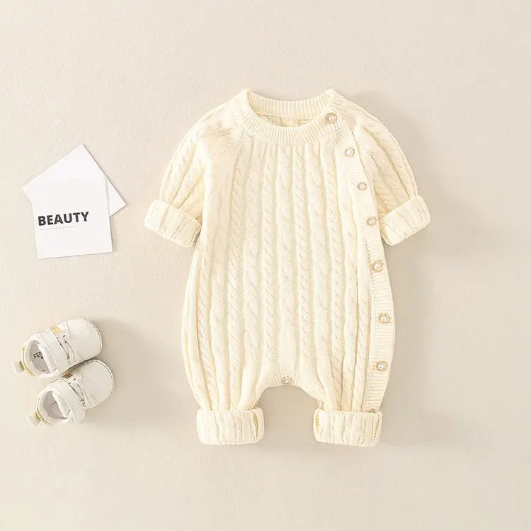 Unisex Baby Knitted Rompers Long Sleeve Button Crewneck Sweater