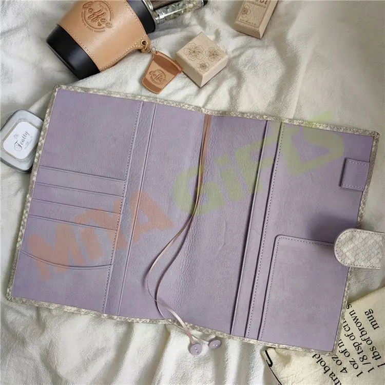 Custom Pu Leather Journal Binding Notebook Planner Cover for Hobonichi Techo A5 A6 B6  Lilac With Pockets Credit Card Slot