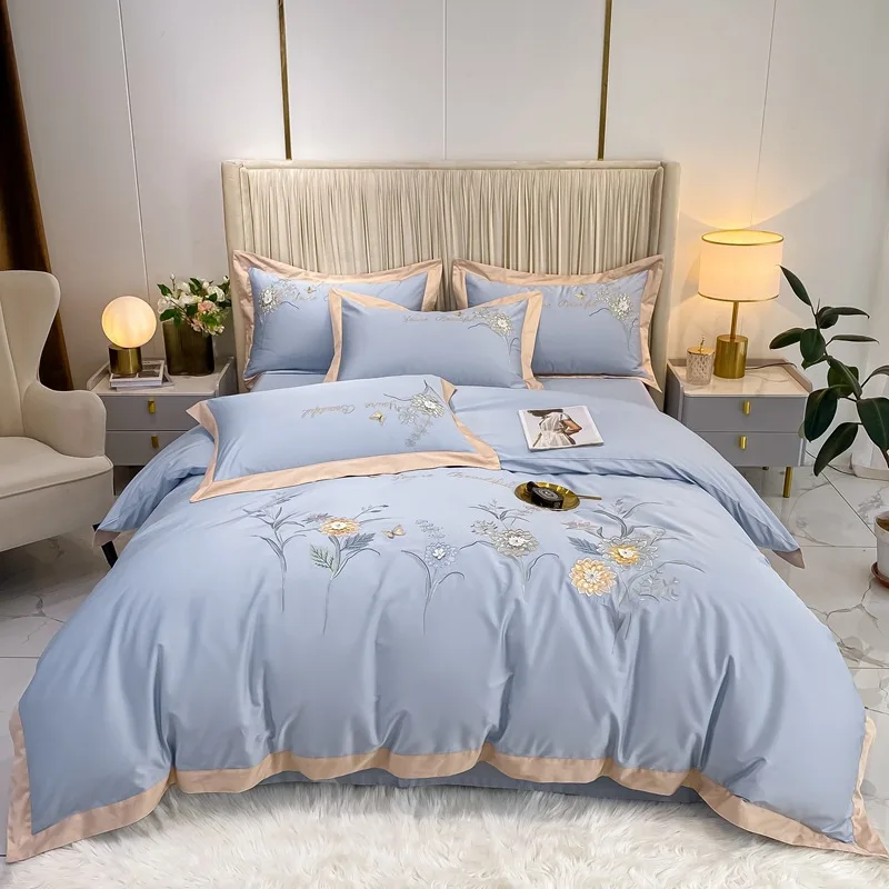 Modern High-End 180 Yarn Count Long Staple Cotton Quilt Cover Set Four-Piece Bedding Set with Plant Flower Embroidery Sheet manufacture