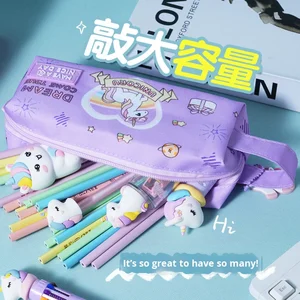 Cartoon Handheld Stationery Bag Double Layer Oxford Cloth Double Zipper Simple Large Capacity Portable Zipper Pencil Case for