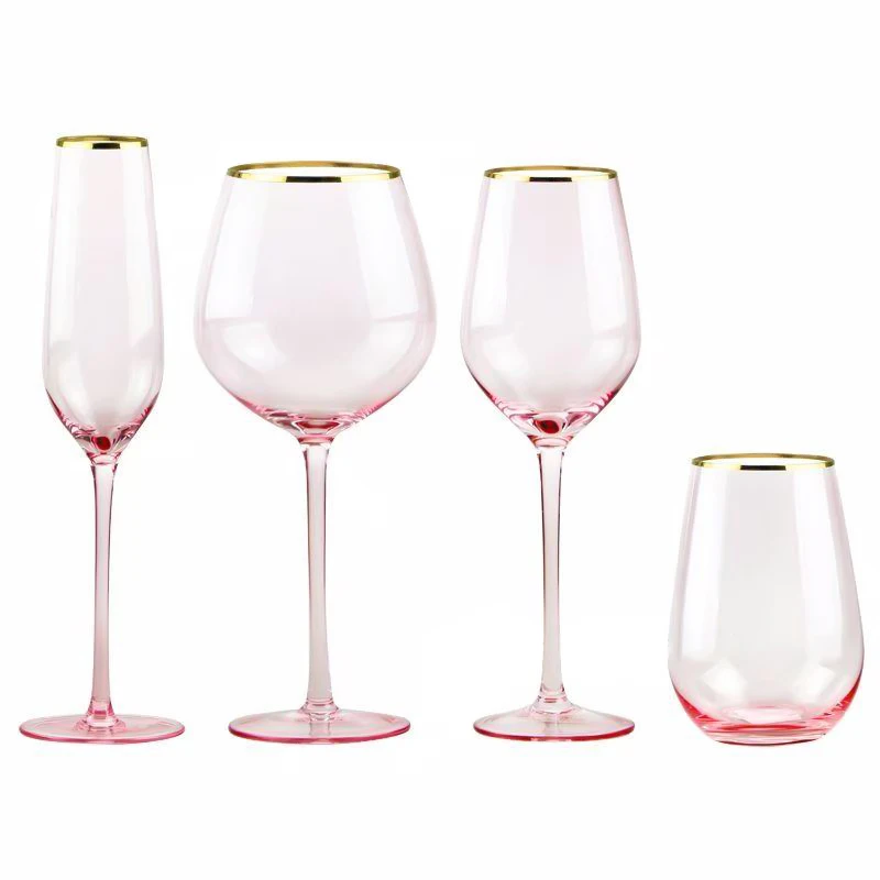 Hot Sale Bulk Wedding Pink Glass Cup Gold Rimmed Champagne Glass Flutes