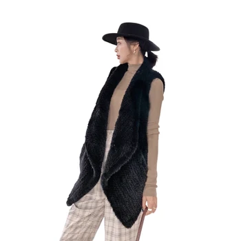 luxury fur vest women real mink fur knit long vest with bigger square collar