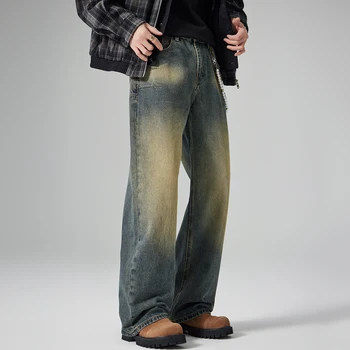 Wholesale Custom Men's Retro Denim Washed Wide Leg Baggy Pant Casual Straight Leg Jeans Mid Waist