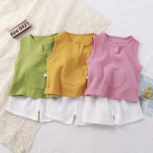 Muslin Baby Clothes Two-Piece Cotton Suit Solid Double-Layer Gauze Vest & Short Pajamas Baby Clothing Sets