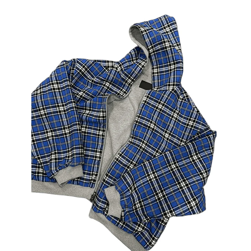 Retro Checkered Patchwork Design Hoodie Drop Shoulder Zipper Jacket Heavyweight Reversible Sweatshirt Oversized Street Hoodie gallery 2