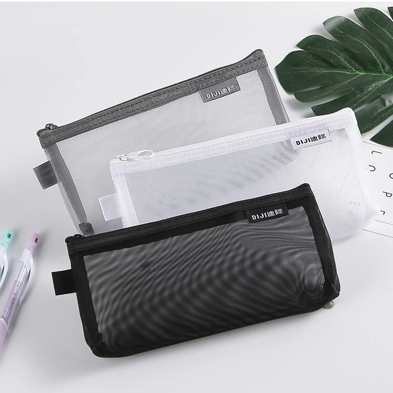 Custom Logo Transparent Nylon Mesh Zipper Pouch Portable Triangle School Stationery Supplies Pencil Bag