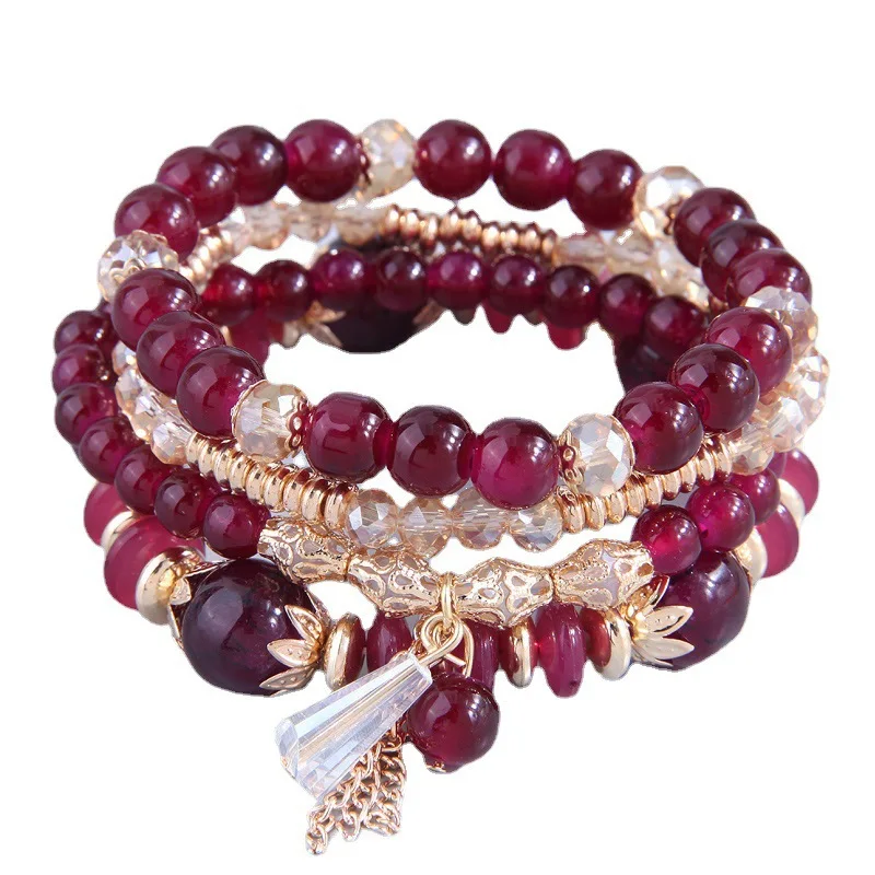 4 Stück Damen Kristall Perlen Armband - Boho Stretch Armbänder, Stapelbar, Mit Quasten, Geschenk