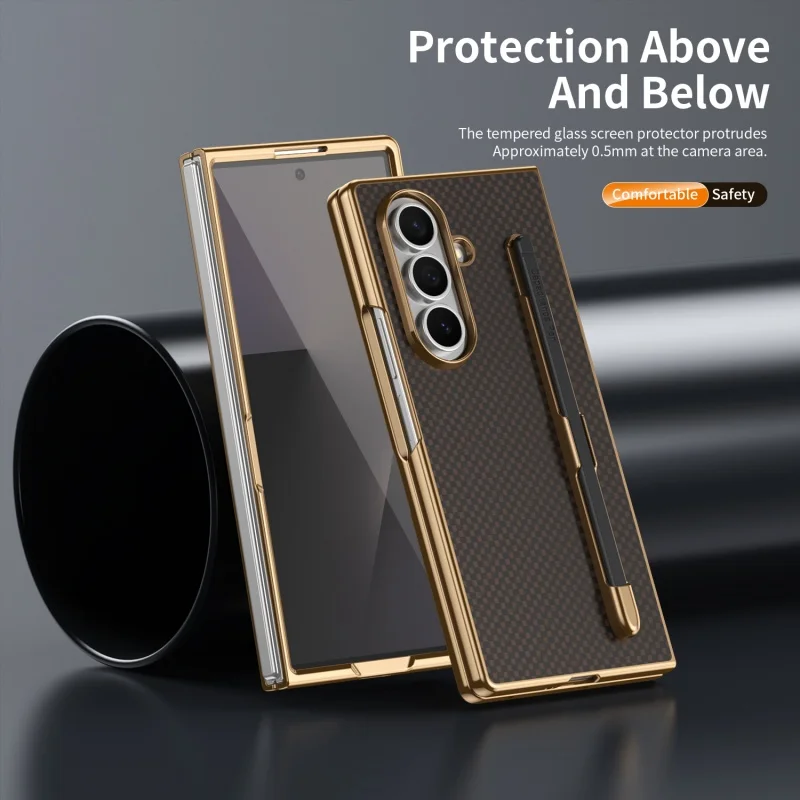 Business Plating Carbon Fiber Texture Phone Case for Samsung Z Fold 7 6 5 4 3 With Stylus Tempered Glass Film Shockproof Cover