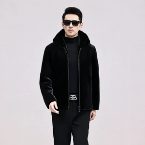Men's Winter Fur Coat with Black Artificial Mink Lining, Hooded, Warm and Protective, Fashionable Jacket