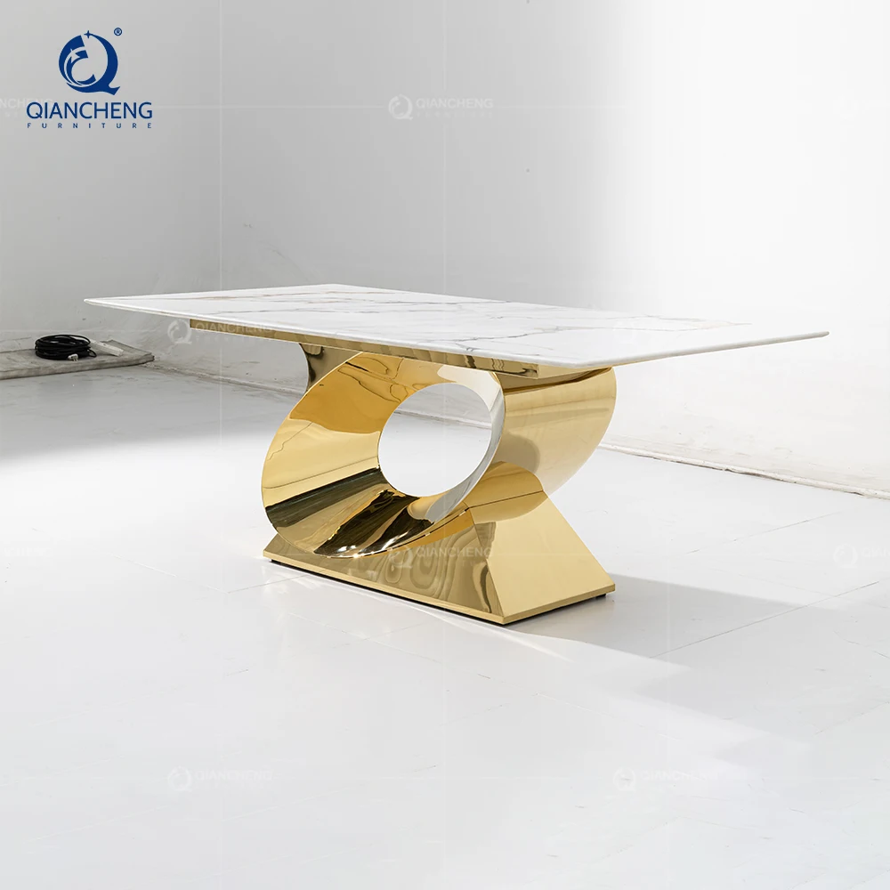 Luxurious Kitchen Diining Room Suite Tablel 4 Seater Set Base Metal Chrome Rectangle Marble White High Gloss Mirror Dining Table