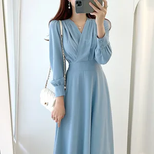 Women's Wholesale OEM Customize LOGO Casual Elegant Pleated Long Bubble Sleeve Modest Dress for Women