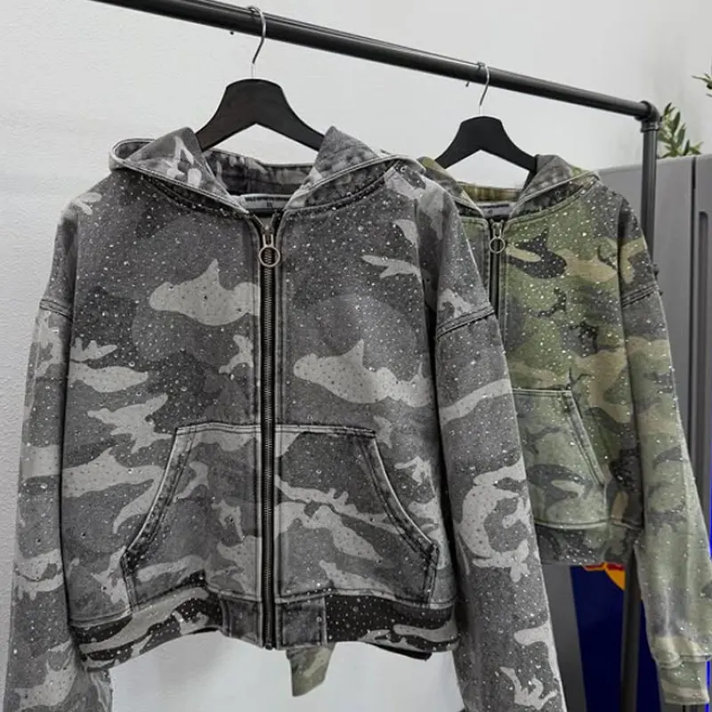 Zip up Hunt Custom Black and White Sun Fade Color Streetwear 450 Gsm Camo Flare Sleeve Side Pocket Baggy Bling Rhinestone Hoodie