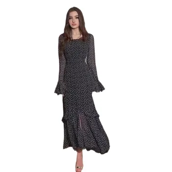 Europe and the United States 2024 spring new chiffon polka dot dresses women lady elegant ruffle sleeve long irregular dress