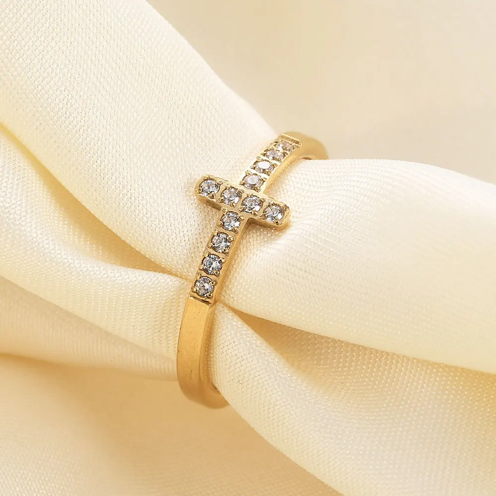Simple Personality Cross Temperament Selling 7 MM Diamond Ring Stainless Steel Gold Silver Ring for Women Hainon 705