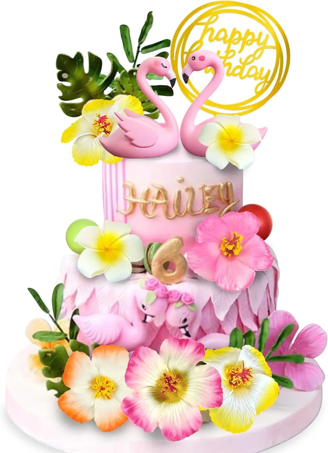 Hawaiian Flower Cake Decoration Hibiscus Flower Palm Leaf Happy Birthday Flamingo Cake Topper