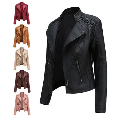 Women Washed Gradient Leather Round Neck Long Sleeves Loose Jacket Zipper  Short Coat Faux Leather Bomber Locomotive PU Coat Top
