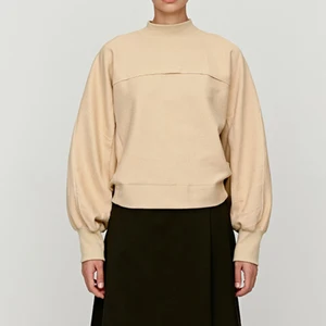 Wisrise Fashion Custom Print Minimalist Women's Beige Mock Neck Puff Sleeve Pullover Sweatshirt