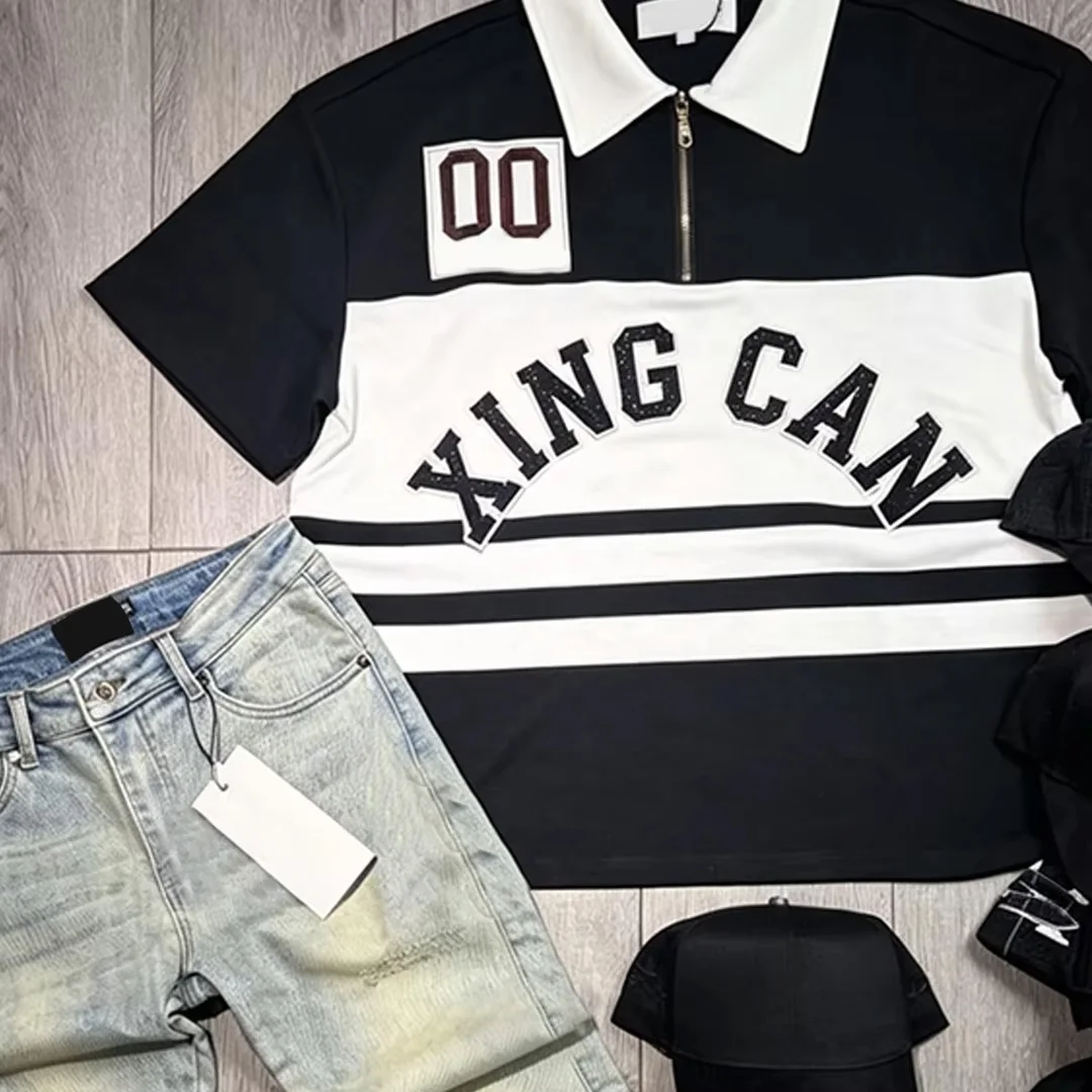 Niestandardowy zestaw męski w stylu vintage streetwear: koszulka + spodenki denimowe z wieloma kieszeniami i frędzlami; możliwość personalizacji nadrukami lub haftem