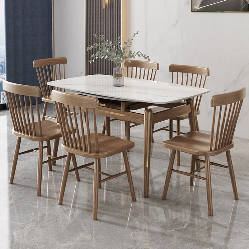 Dining Table Set 6 Seater Solid Wood Feet Table Extendable Folding Marble Modern Dining Table