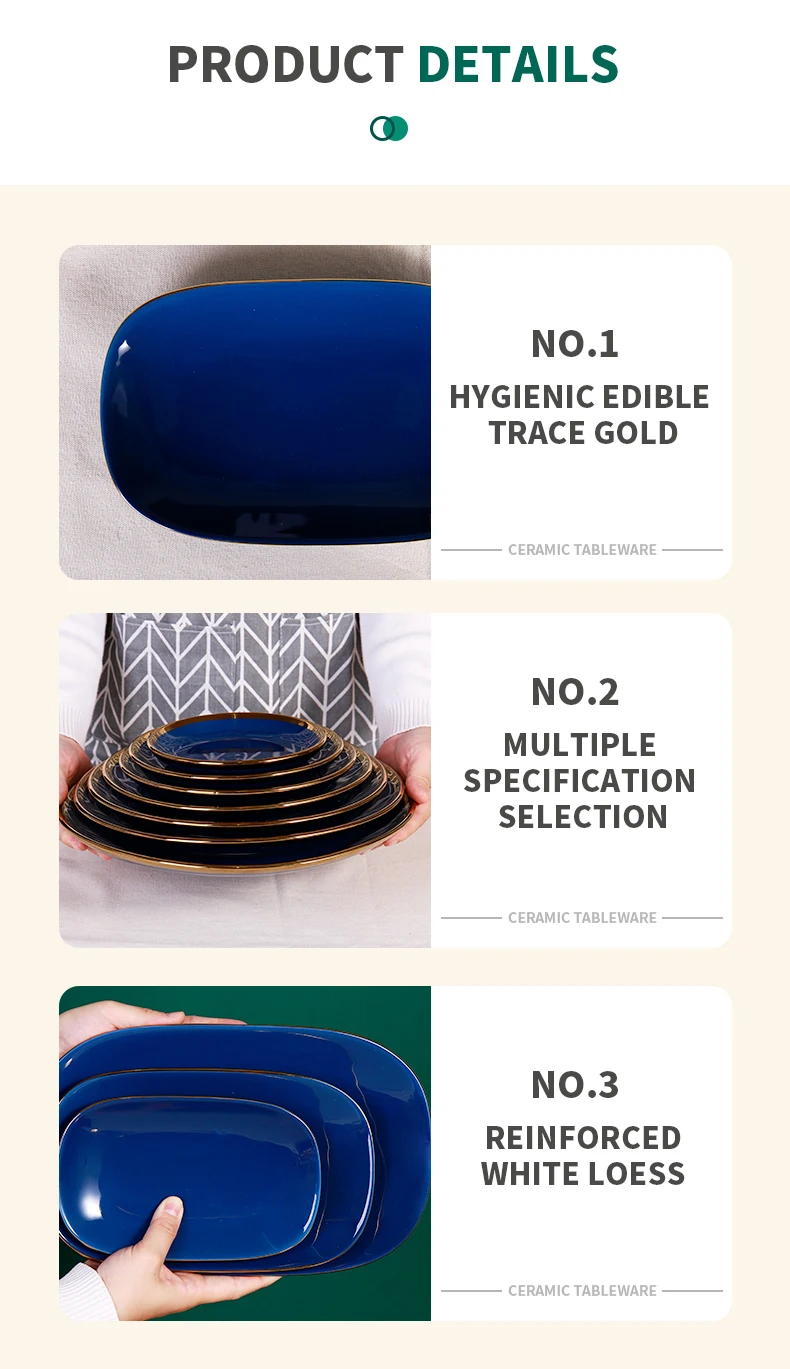 Custom Glossy Blue Luxury Round Dish Ceramic Dinner Plate With Gold Rim