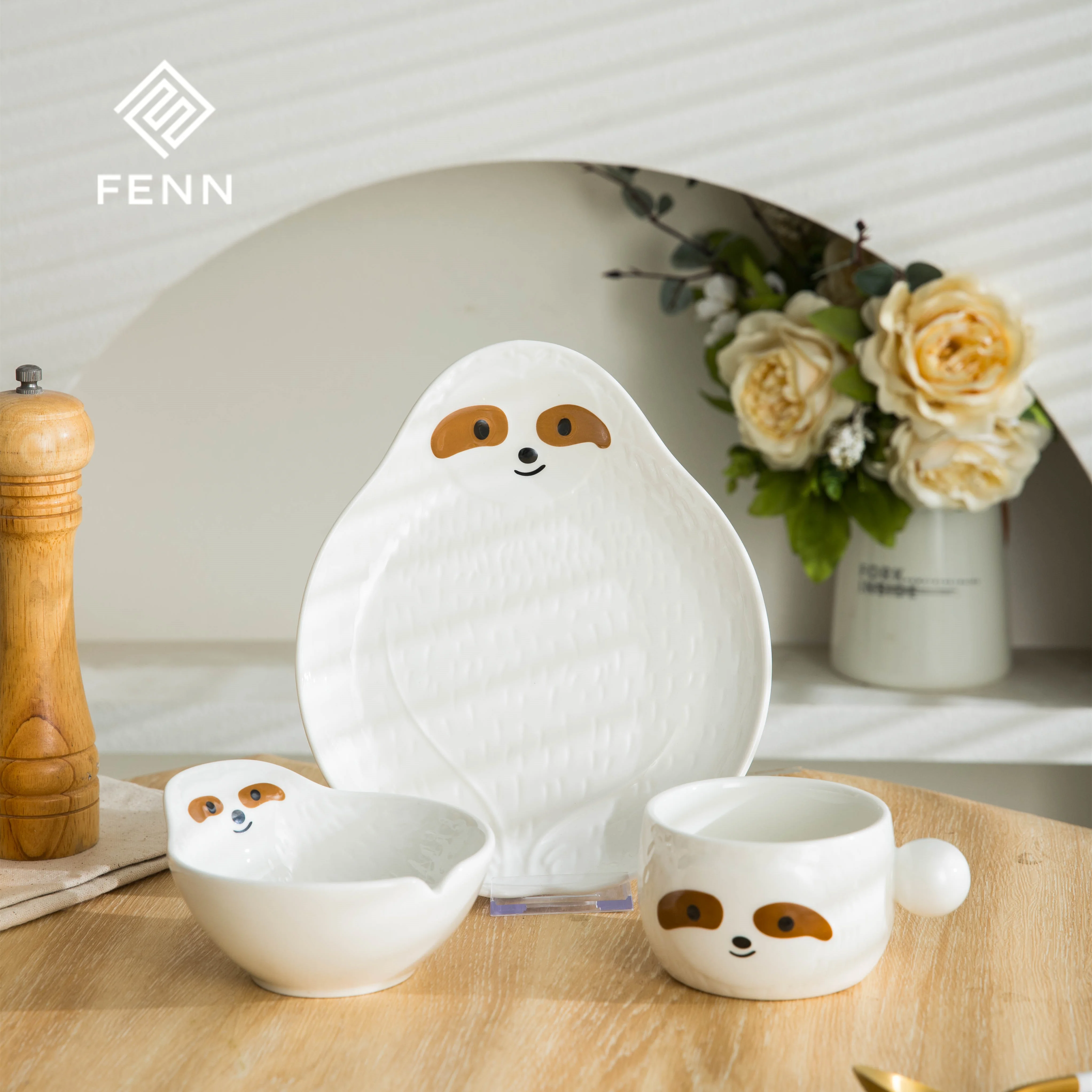 FENN Cartoon Ceramic Cute Dinnerware Animal Sloth Plate Breakfast Salad Fruit Bowl Creative Restaurant Aesthetic Dinner Plate