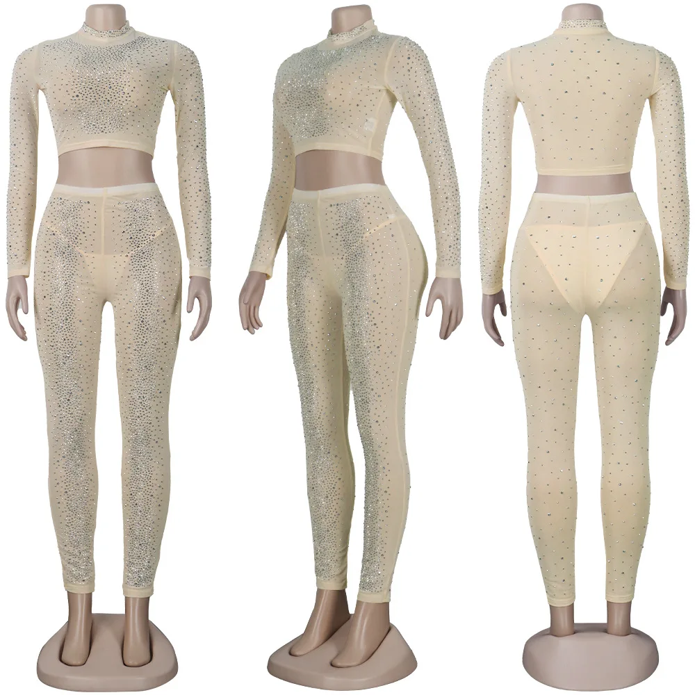 W81022 - 2021 горячая Распродажа брюк и топ сексуальный сетчатый Женский комплект из двух предметов с длинным рукавом