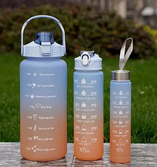 Gradient Plastic Sports Fitness 3-piece Water Bottle Portable Straw Space Cup Outdoor Family Water Bottle Set with Time Mark