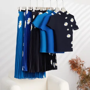 Miyake Pleated Fashion Set Temperament High Collar Short-Sleeved T-shirt Versatile A-Line Drape Skirt Two-Piece Set