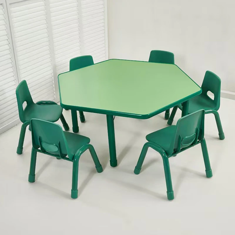 Durable Hexagon Plastic Tables Chair Set Ergonomic Nursery School Desks for Kindergarten Multi-Color Wood Furniture for Kids