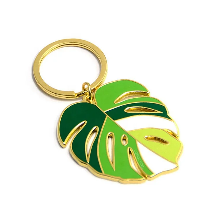 Nature Green Metal Leaf Key Ring Gold Hard Enamel Monstera Leaf Keychain