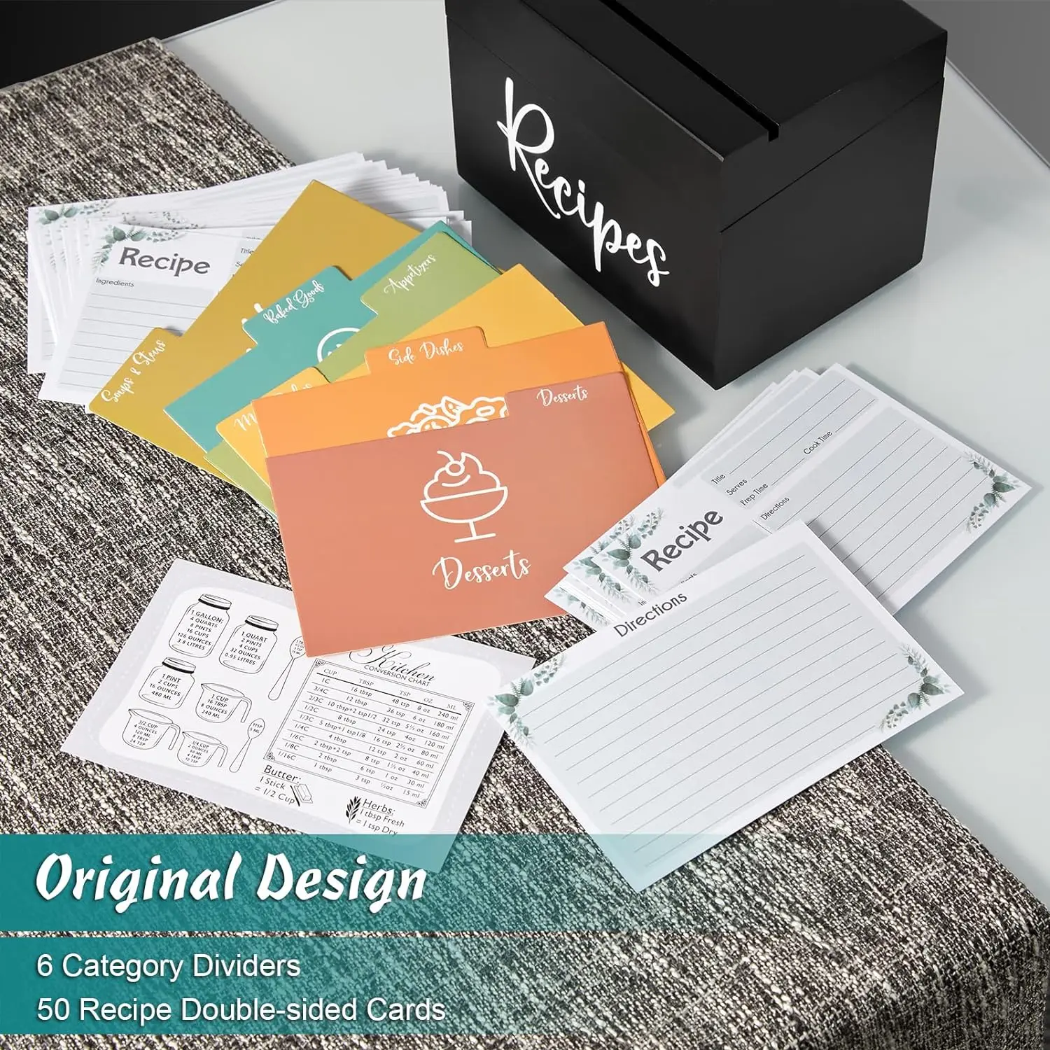 Myway 50 Recipe Cards with Wooden Box Holder Recipe Organizer for Bridal Shower Weddings Write in Your Own Recipes